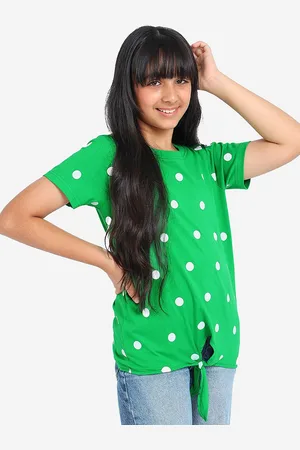 BONKIDS Girls Polka Dot Printed Round Neck Tie-Ups Cotton Regular T-shirt