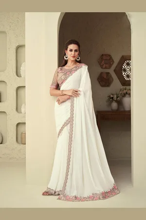 Mitera White & Pink Sequinned Silk Blend Saree