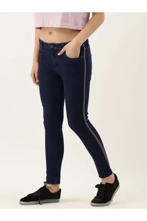 Campus Women Navy Blue Cotton Slim Fit Mid-Rise Clean Look Jeans with Side Stripe