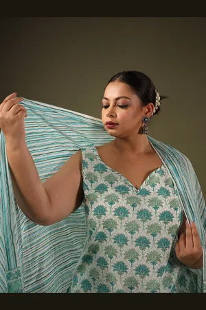 anayna Floral Printed Regular Pure Cotton Sweetheart Neck Kurta With Trousers & Dupatta