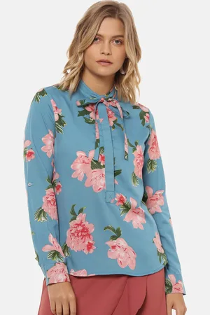 Campus Blue & pink floral printed mandarin collar shirt style top