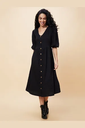 Globus Black Self Design V-Neck Smocked Fit and Flare Midi Dress
