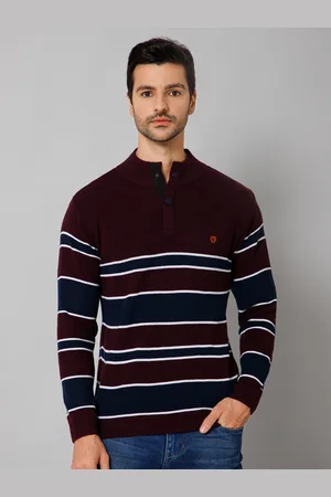 CANTABIL Men Maroon & White Striped Pullover