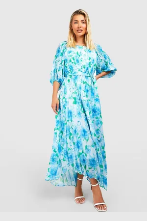 Boohoo Pleated Floral Print Puff Sleeve A-Line Midi Dress