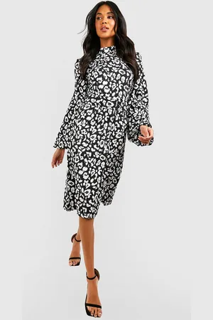 Boohoo Leopard Print Satin Puff Sleeve Monochrome Midi Dress