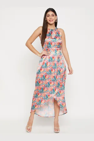 Color Cocktail Floral Printed Halter Neck Satin Maxi Dress