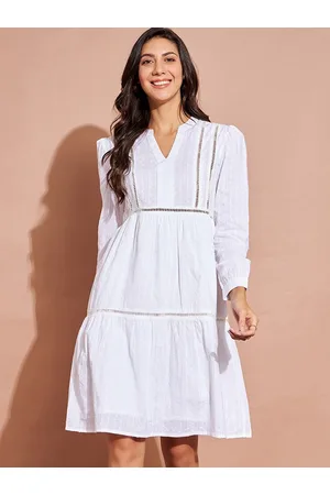 DressBerry Off White Self Design Puff Sleeves Cotton A-Line Dress