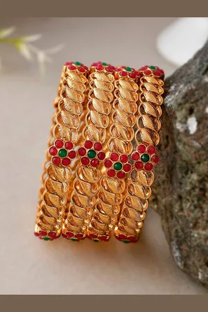 Shoshaa Set Of 4 Gold-Plated Stone-Studded Bangles