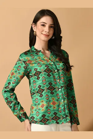 Sangria Smart Fit Geometric Printed Mandarin Collar Casual Satin Shirt