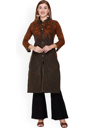 Elthia Floral Embroidered Denim Pure Cotton A Line Kurta