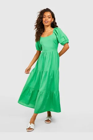 Boohoo Poplin Puff Sleeve A-Line Midi Dress