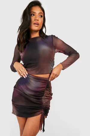 Boohoo Petite Abstract Print Ruched Mesh Mini Skirt