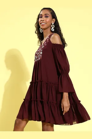 DressBerry Floral Embellished Cold-Shoulder Sleeves Gathered Tiered Georgette A-Line Dress