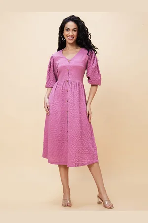 Globus Lavender Self Design V-Neck Smocked Fit and Flare Midi Dress