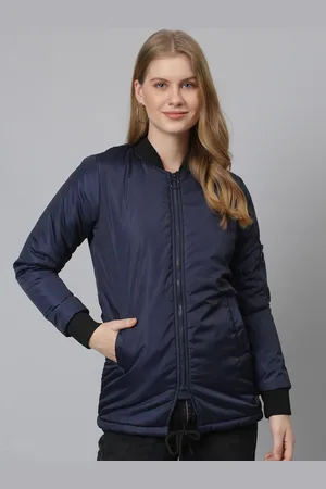 Campus Women Blue & Black Checked Windcheater Bomber Jacket