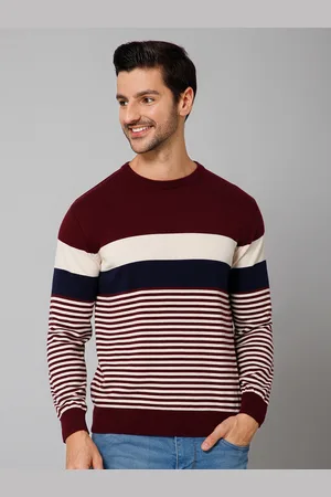 CANTABIL Men Maroon & White Striped Pullover