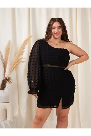 Berrylush Plus Size Self Design One Shoulder Puff Sleeve Jacquard Bodycon Mini Dress