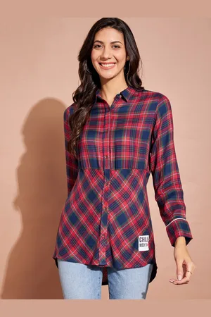 DressBerry Red Checked Shirt Collar Cuffed Sleeves Shirt Style Top