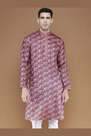 Sanwara Abstract Printed Mandarin Collar Thread Work Silk Straight Kurta