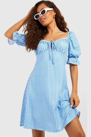 Boohoo Striped Puff Sleeve Empire Mini Dress