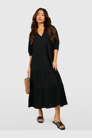 Boohoo Puff Sleeve Tiered A-Line Midi Dress With Gathered & Pleated Detail