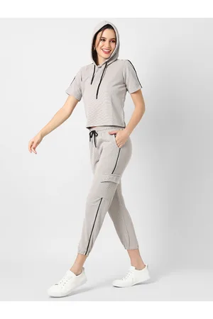 Campus Women Grey Solid Hooded T-Shirt with Trousers