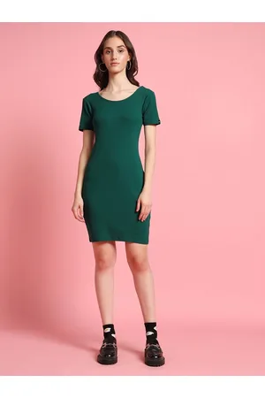Bewakoof Green Round Neck Short Sleeves Cotton T-shirt Dress