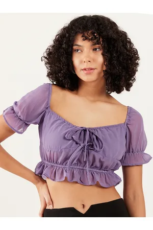 ATHENA Sweetheart Neck Puff Sleeve Gathered Cinched Waist Crop Top