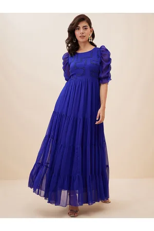 Antheaa Embellished Puff Sleeves Chiffon Fit and Flare Maxi Dress