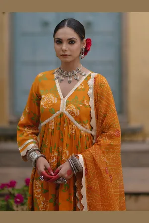 anayna Women Floral Printed Pleated Gotta Patti Kurta with Trousers & With Dupatta