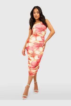 Boohoo Petite Floral Print Ruched Bandeau Midi Dress