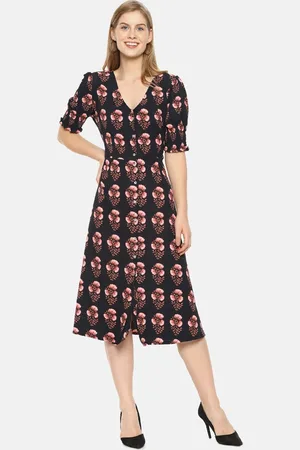 Campus Women Black Floral Printed Fit and Flare Dress