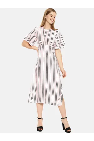 Campus Women Pink & Black Striped Fit and Flare Dress