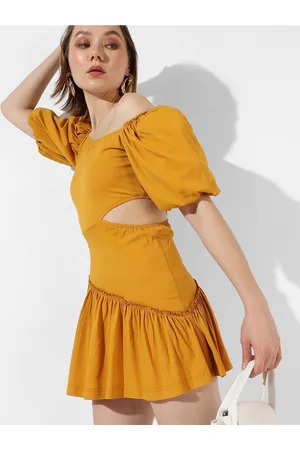 Campus Off-Shoulder Puff Sleeve Drop-Waist Mini Dress