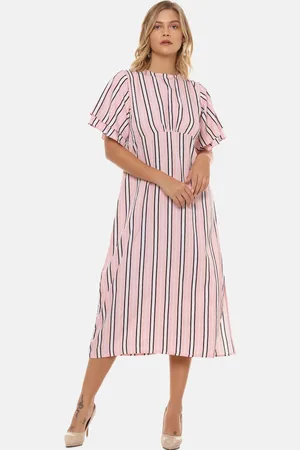 Campus Women Peach-Coloured Striped A-Line Dress