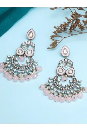 karatcart Women Pink Oxidised Silver Pink Beads Kundan Classic Chandbalis Earrings