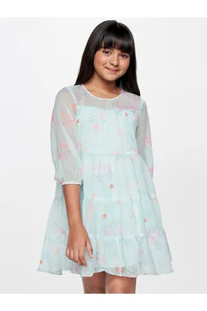 AND Girls Floral Printed Round Neck Tiered A-Line Dress