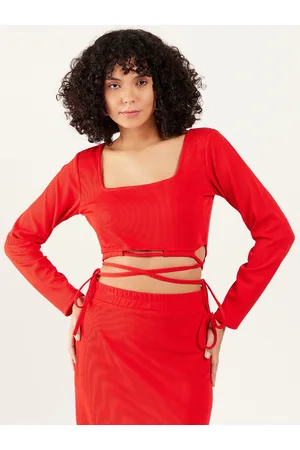 ATHENA Square Neck Tie-Up Detailed Fitted Crop Top