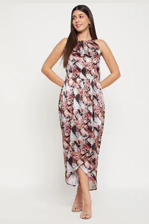 Color Cocktail Floral Printed Halter Neck Satin Maxi Dress
