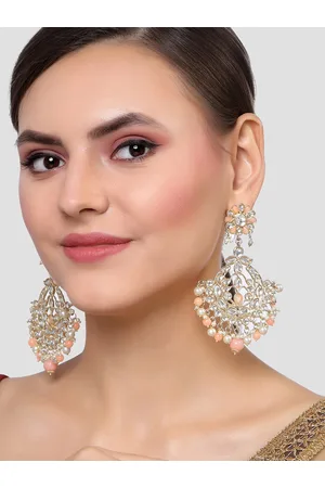karatcart Women Peach Gold Plated Beads and Pearl Studded Kundan Classic Drop Earrings