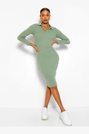 Boohoo Polo Collar Ribbed Midi Dress