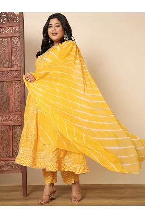 Vbuyz Plus Size Bandhani Printed Regular Thread Work Kurta & Trousers With Dupatta