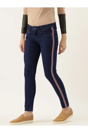 Campus Women Navy Blue Cotton Slim Fit Mid-Rise Clean Look Jeans with Side Stripe