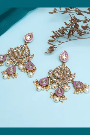 karatcart Purple Gold Plated Meena Kundan Dangler Drop Earrings