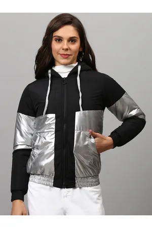 Campus Women Black Silver-Toned Colourblocked Windcheater Longline Outdoor Padded Jacket