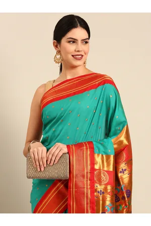 Varkala Silk Sarees Turquoise Blue & Red Ethnic Motifs Zari Silk Blend Paithani Saree