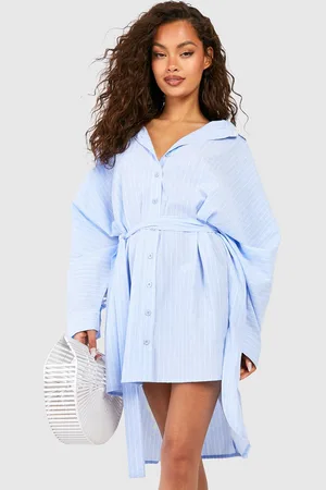 Boohoo High-Low Hem Striped Oversized Shirt Dress with Belt