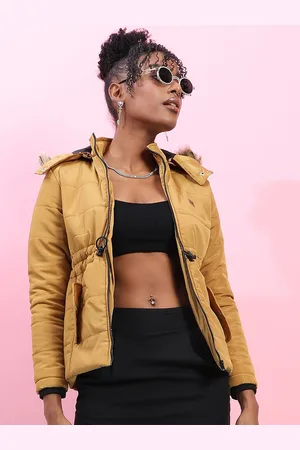 Campus Yellow Hooded Windcheater Faux Fur Trim Puffer Jacket