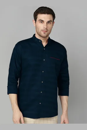 FUBAR Slim Fit Horizontal Stripes Band Collar Long Sleeve Chest Pocket Formal Shirt