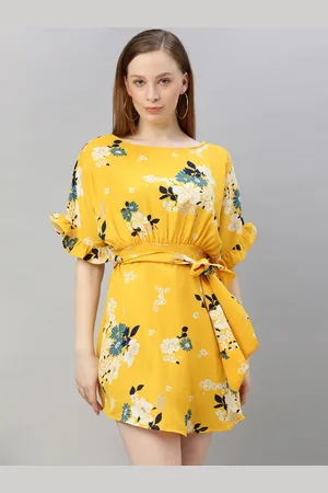 Sera Women Yellow Floral Printed Side Knot Fit and Flare Dress